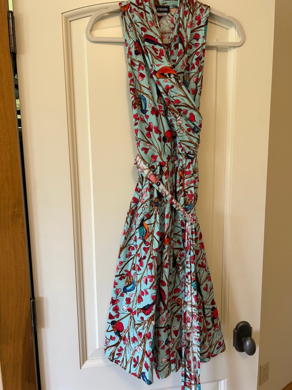 Retrolicious Aqua Wrap Midi Dress with Multicolor Bird & Floral Print